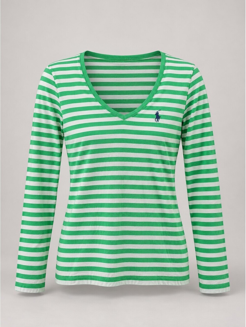 Ralph Lauren Women’s Green White Striped Cotton V-Neck Top Size L